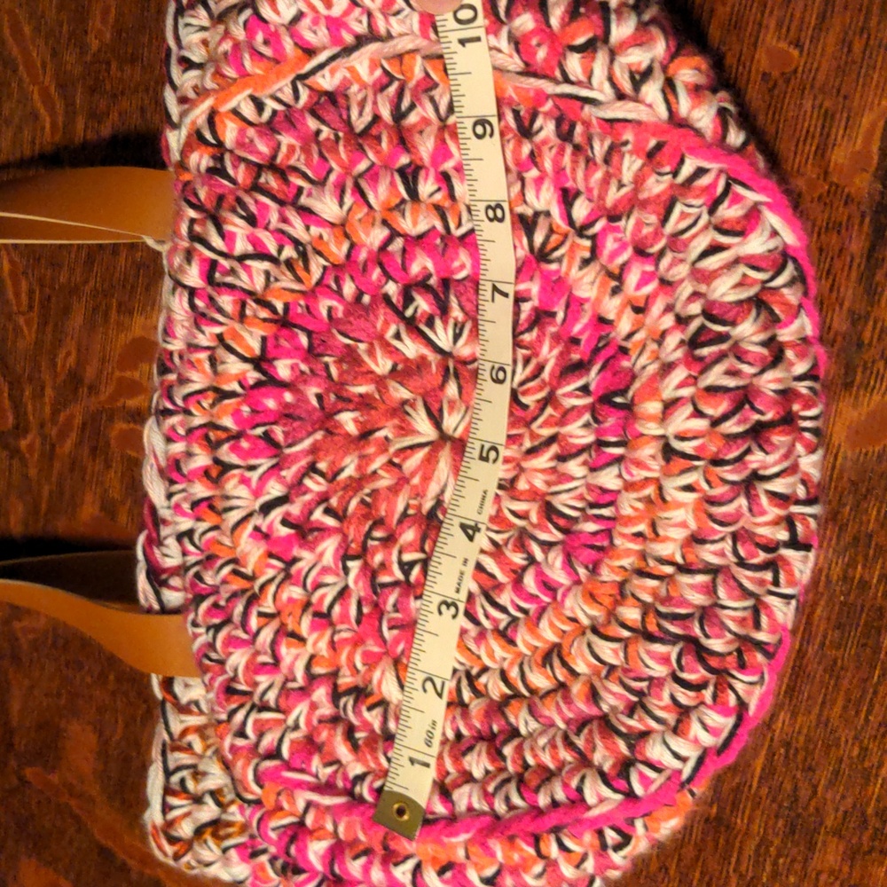Handmade Crochet Multicolor Market Basket Tote Tan Faux Leather Straps - Picture 5 of 7